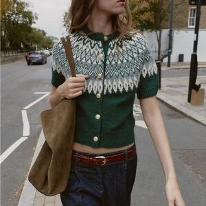 ZARA JACQUARD KNIT SHORT SLEEVE CARDIGAN